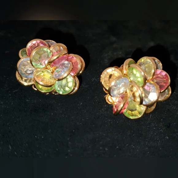 Vintage Pastel Crystal Cluster Earrings Uranium Glass Multi-layer - Picture 5 of 9